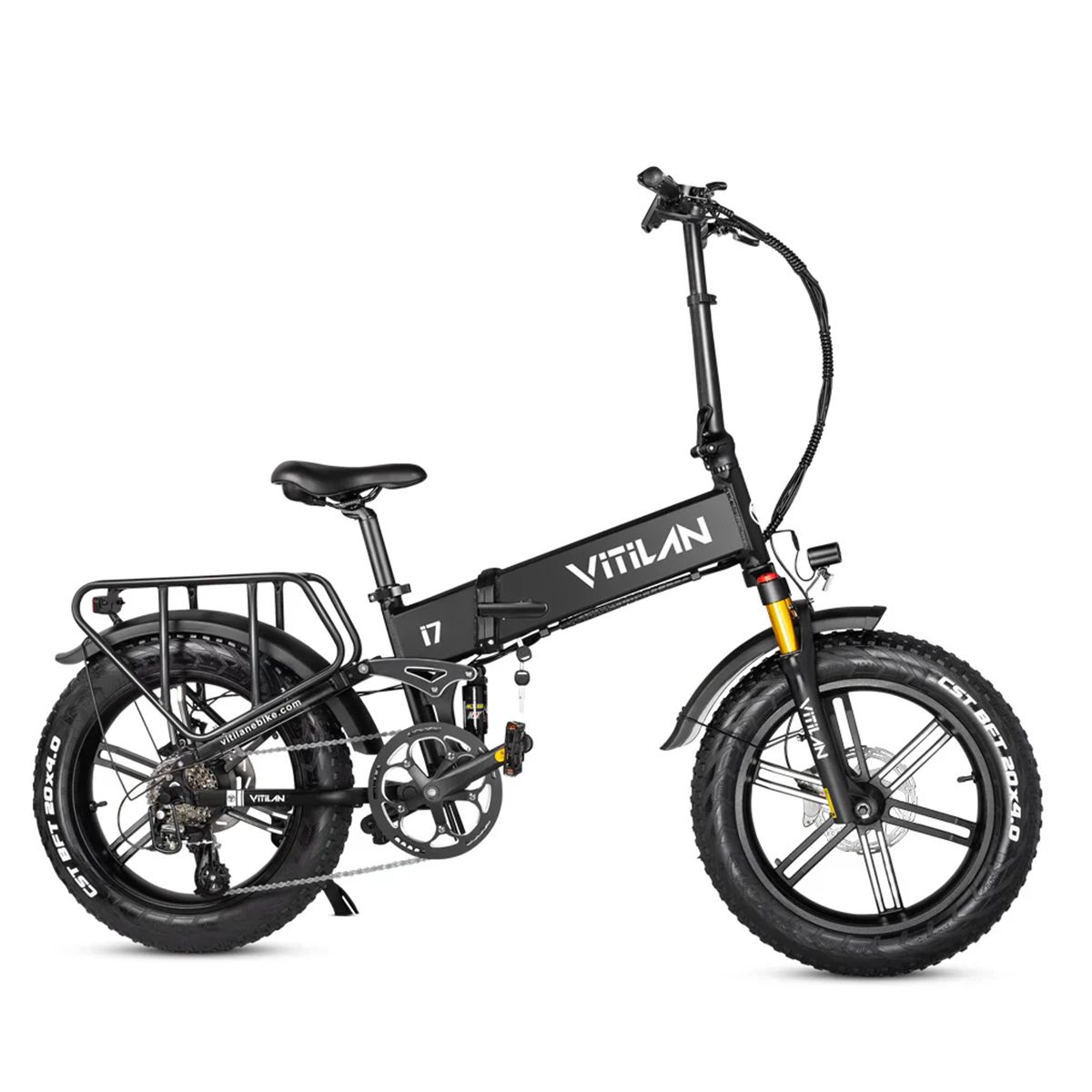 Schwarzes Elektrofahrrad mit Gepäckträger, Marke VITILAN, Modell i7. Große Reifen, 8-Gang-Schaltung.