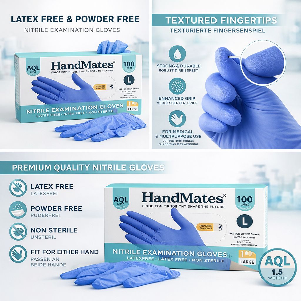 Handschuhe in einer Box. Handschuhe sind puderfrei, latexfrei, unsteril und für medizinische Zwecke geeignet. Box mit Aufschrift HandMates, Größe L.