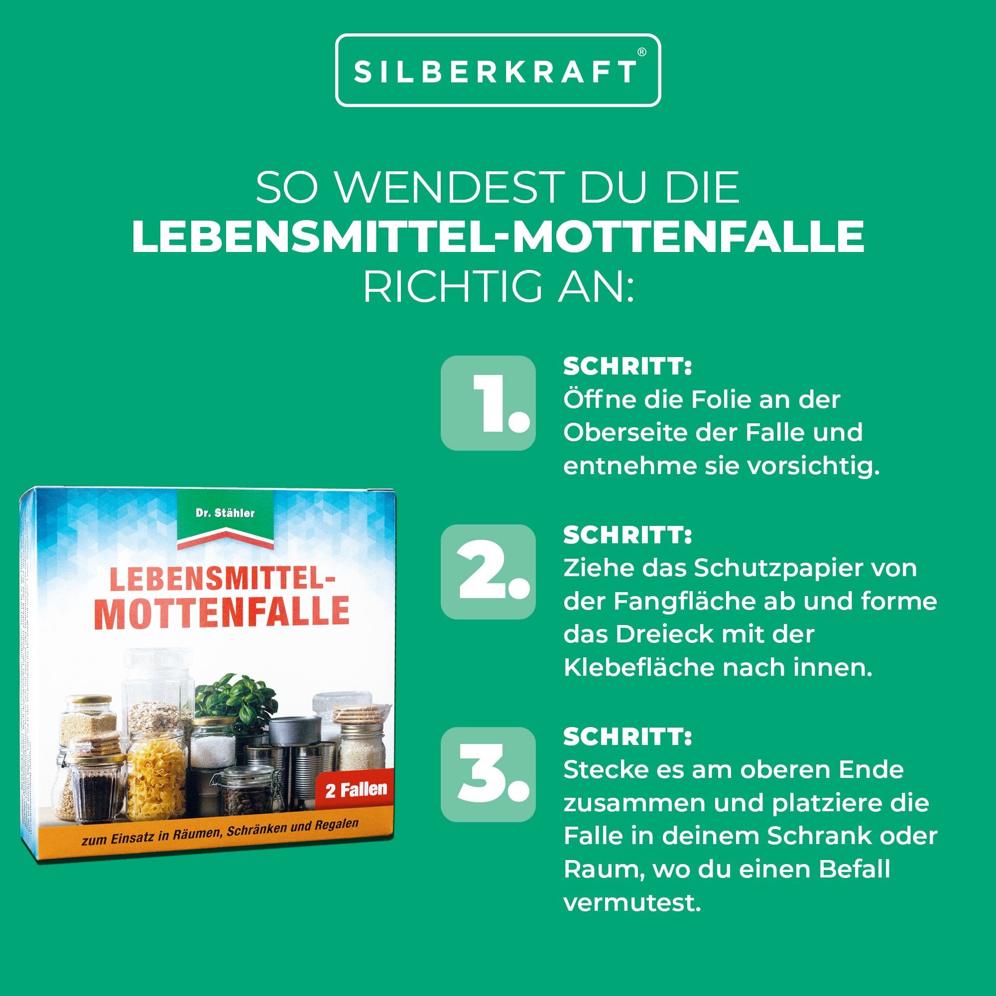 Anleitung zur Anwendung der Lebensmittel-Mottenfalle. Abgebildet ist die Verpackung mit dem Produktnamen und 2 Fallen.