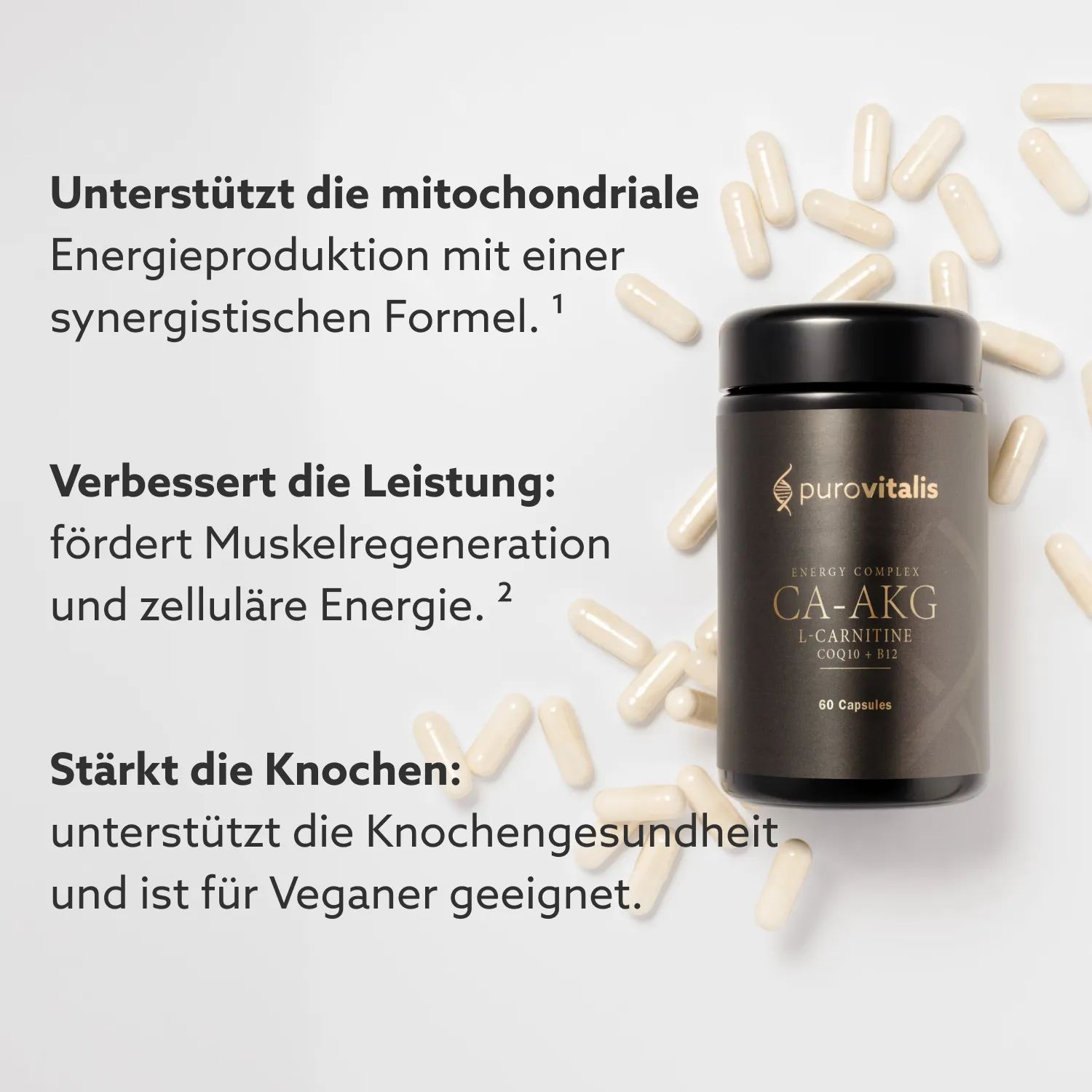 Flasche und Kapseln. Text: Unterstützt Energieproduktion, verbessert Leistung, stärkt Knochen. Vegan.
