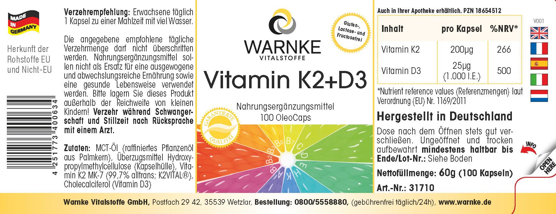 Etikett mit Produktinformationen. Aufschrift: Warnke Vitalstoffe Vitamin K2+D3. 100 OleoCaps. Hergestellt in Deutschland.