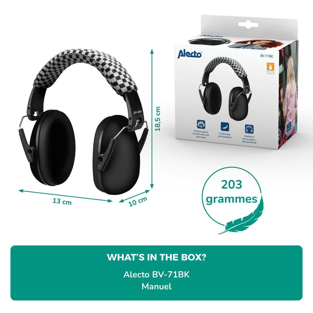 Gehörschutz für Babys und Kinder, mit Maßen. Schwarze Ohrmuscheln, kariertes Kopfband. Alecto-Logo. Gewicht: 203 Gramm.