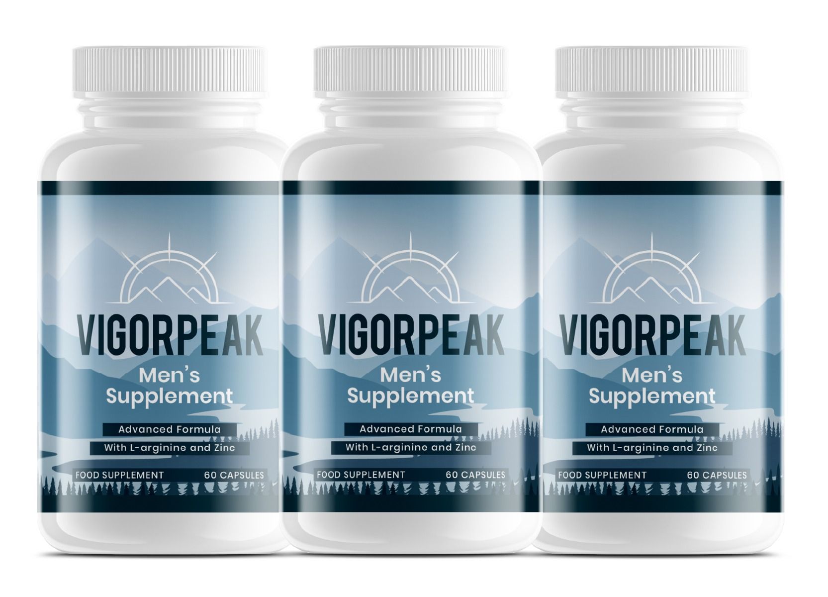 VigorPeak Männer Supplement: Drei weiße Flaschen mit blauem Etikett, das Berge und den Produktnamen zeigt.