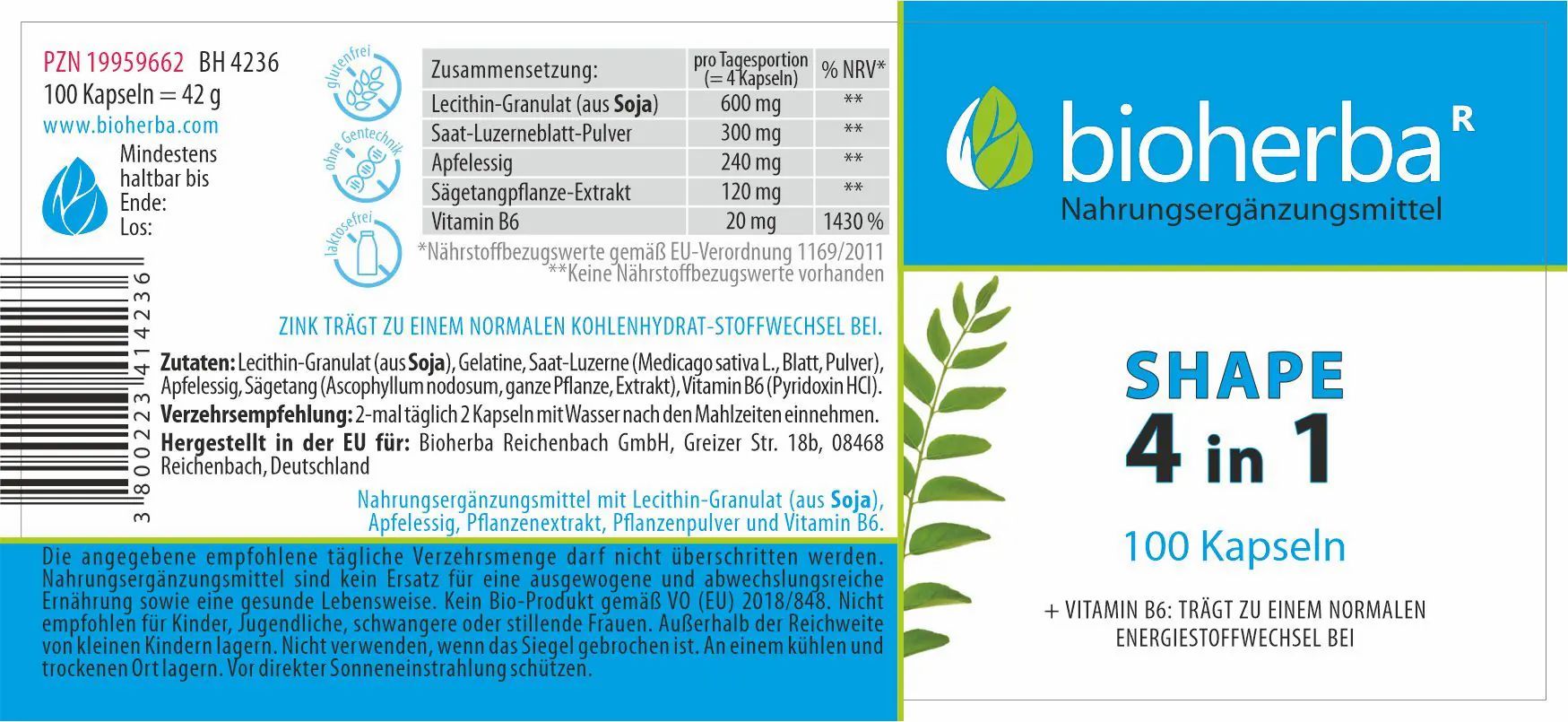 Produktetikett mit Inhaltsstoffen und Nährwertangaben. Enthält Lecithin, Luzerne, Apfelessig, Sägetang und Vitamin B6. Marke: Bioherba.