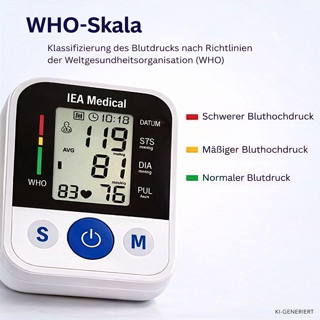 Blutdruckmessgerät mit WHO-Skala, Anzeige von systolischem und diastolischem Druck.