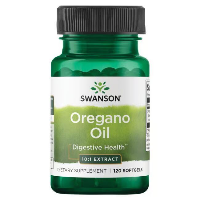Grüne Flasche mit schwarzem Deckel. Etikett mit "SWANSON Oregano Oil", "120 Softgels" und "Digestive Health".