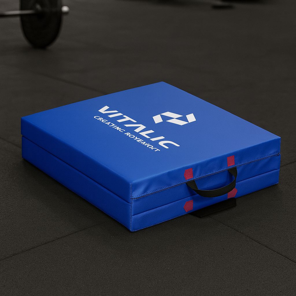 Gefaltete blaue Fitnessmatte mit Logo und Tragegriffen. Auf schwarzem Boden.