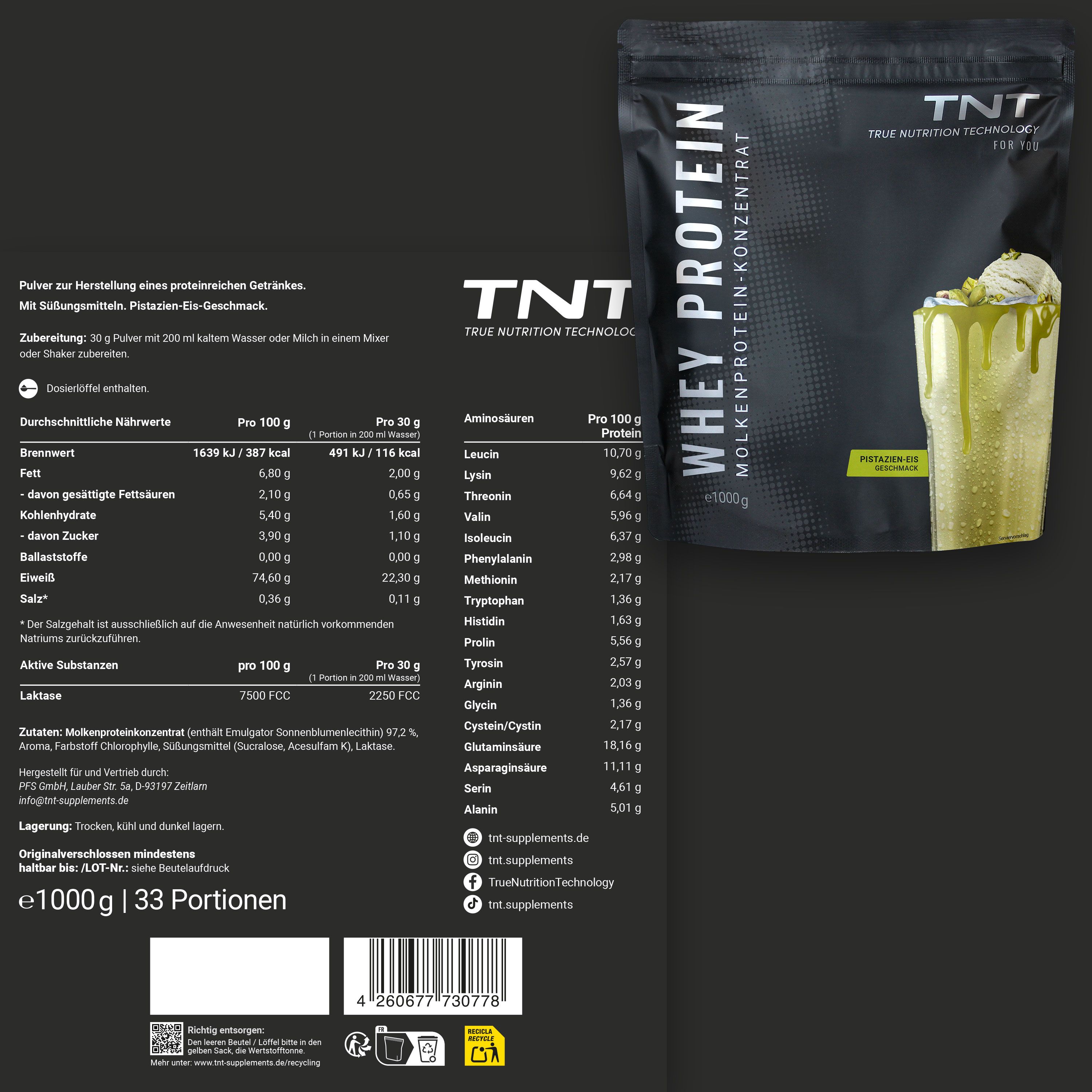 TNT Whey Protein Konzentrat-Packung und Nährwerttabelle. Text: WHEY PROTEIN MOLKENPROTEIN-KONZENTRAT. Pistazien-Eis Geschmack. e1000g. 33 Portionen.