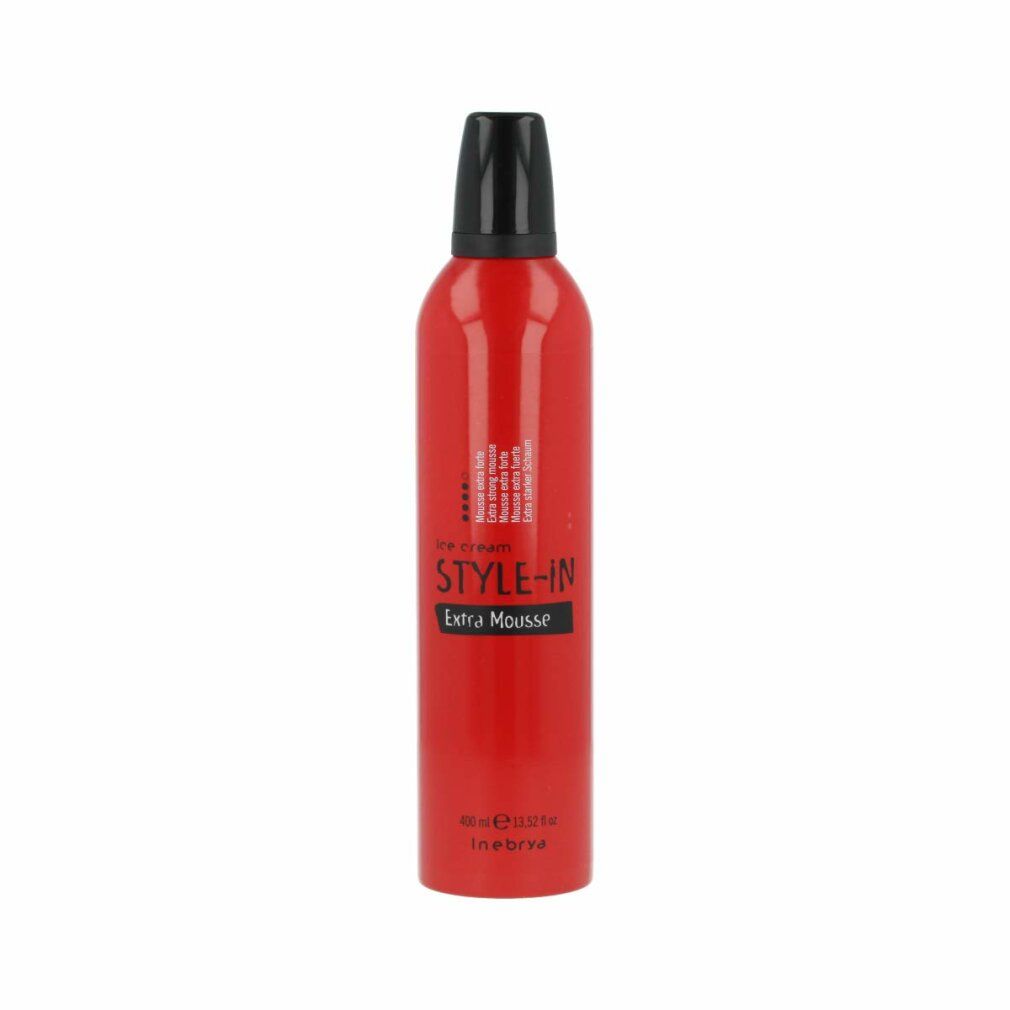Rote Sprühflasche mit schwarzem Deckel. Aufschrift: Style-In Extra Mousse. Inebrya-Logo.