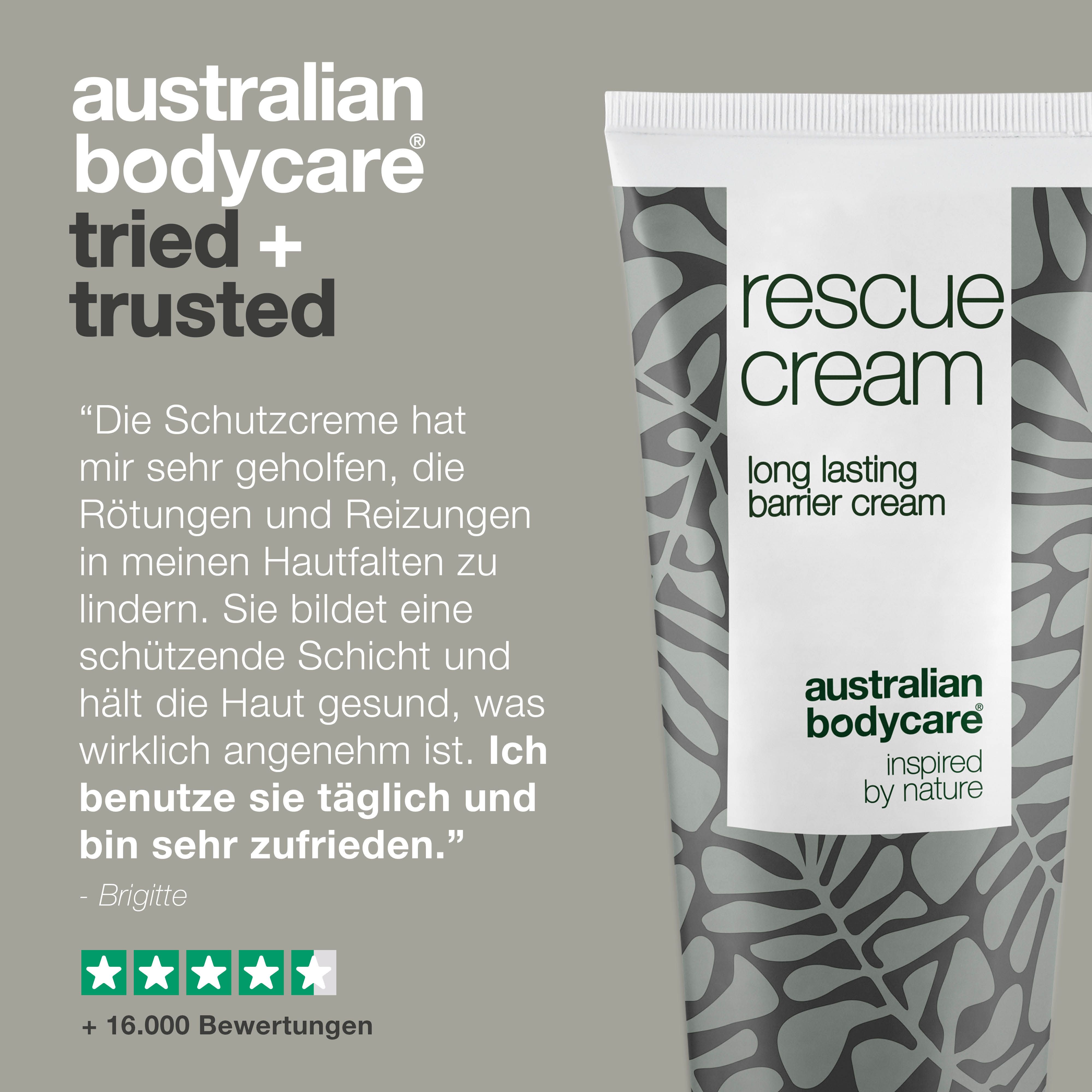 Text und Tube Barrierecreme. Text: rescue cream, australian bodycare.