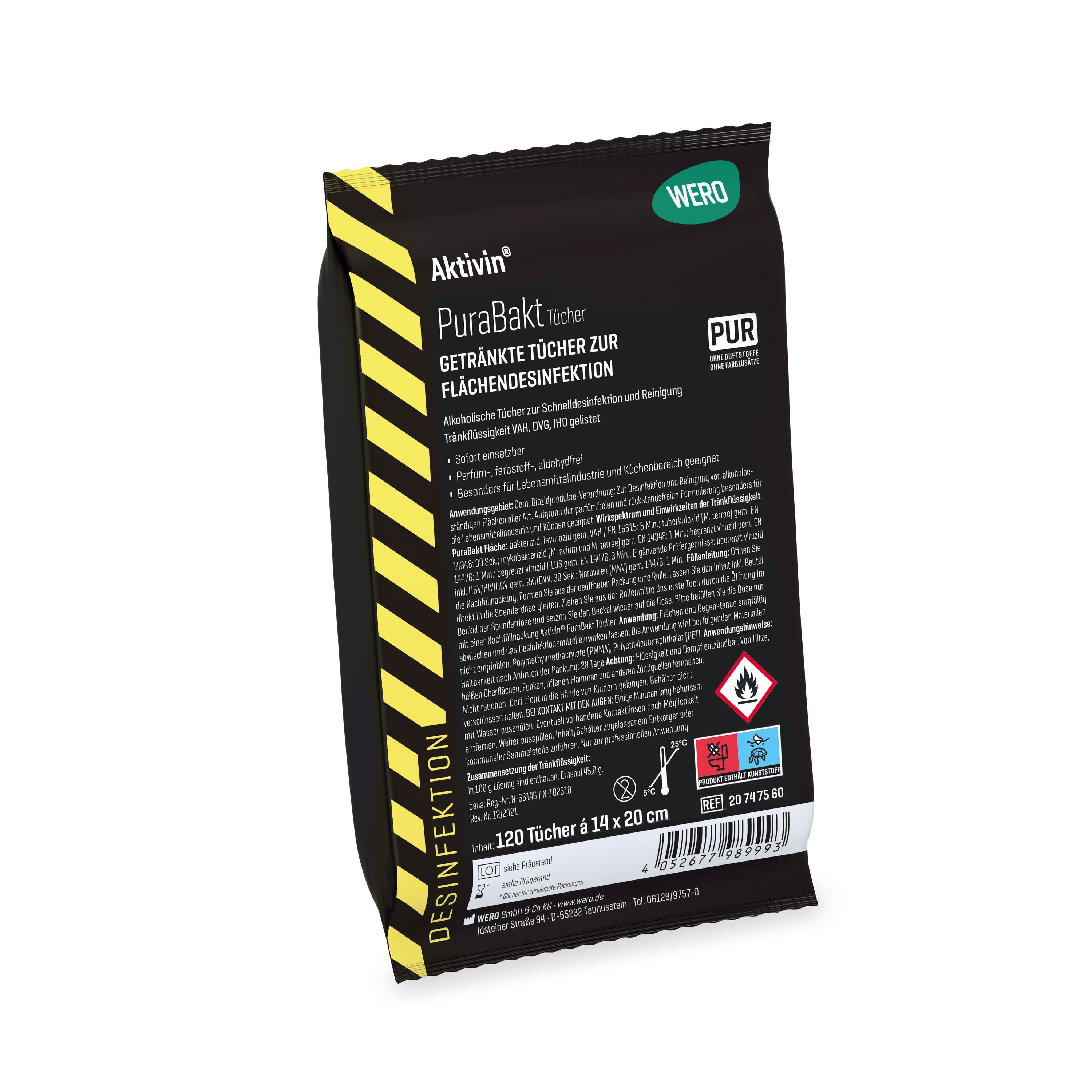 Nachfüllpackung Aktivin PuraBakt Tücher. Schwarze Folienverpackung mit gelben Streifen. Text: Aktivin, PuraBakt, Desinfektion, 120 Tücher.
