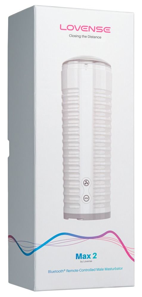 Weißer Masturbator in einer Box.  Auf der Box steht "LOVENSE" und "Max 2".