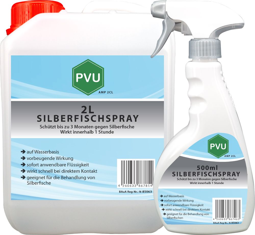 Zwei Flaschen PVU Silberfischspray. Eine 2L-Flasche mit rotem Deckel und eine 500ml-Sprühflasche. Beide mit Produktnamen und Logos.
