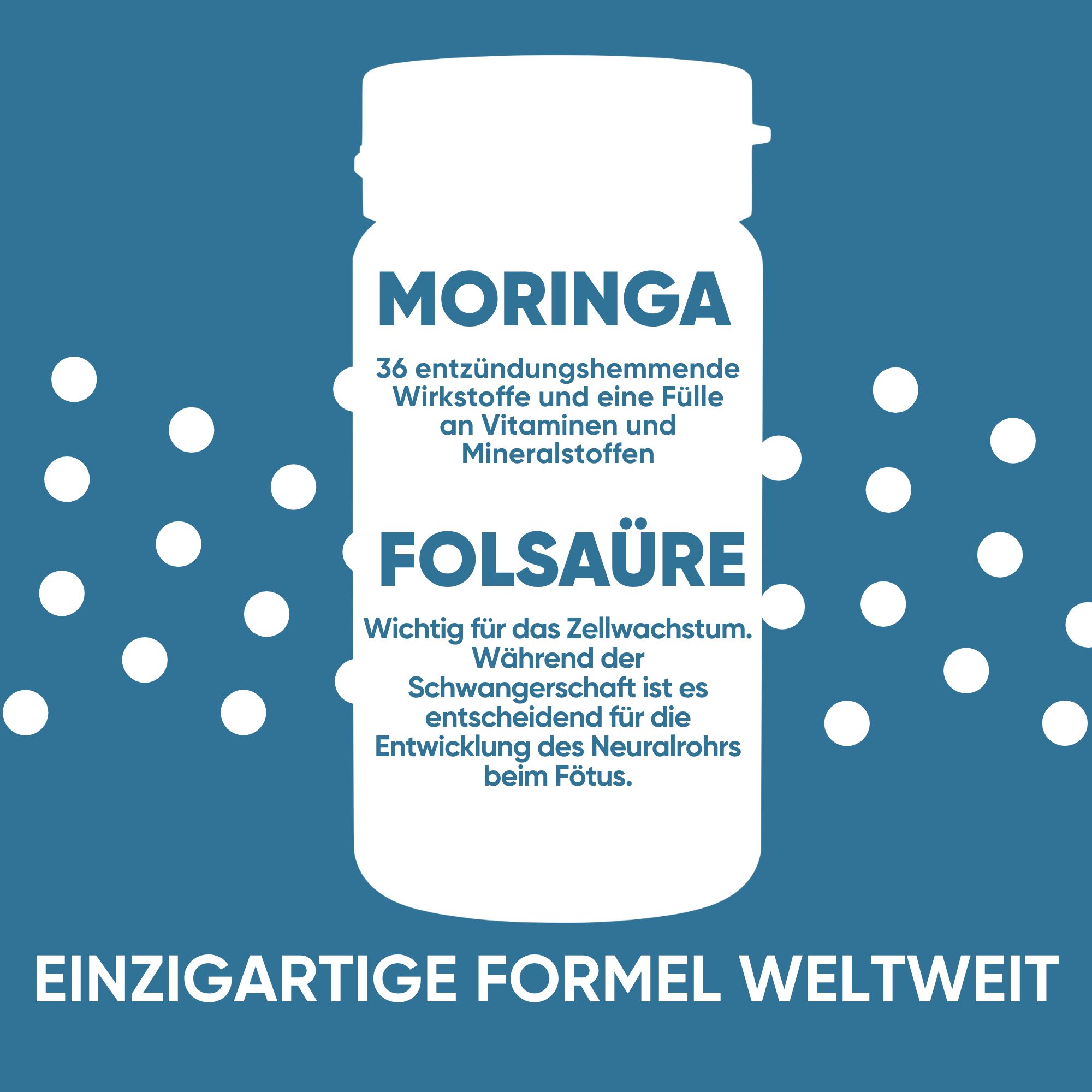 Flasche mit Folsäure und Moringa, Text: Einzigartige Formel weltweit.