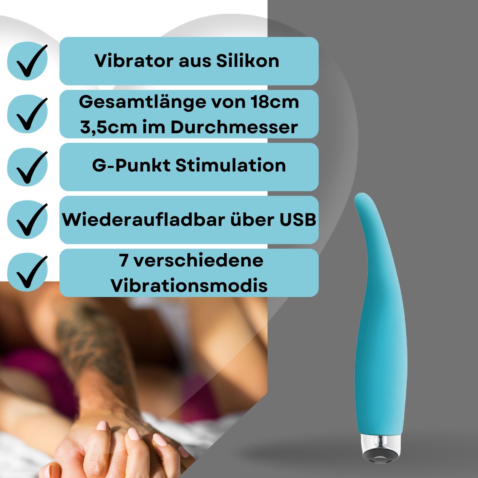 Vibrator, blau, Silikon. Text: Vibrator aus Silikon, 18cm lang, 3,5cm Durchmesser, G-Punkt Stimulation, USB.