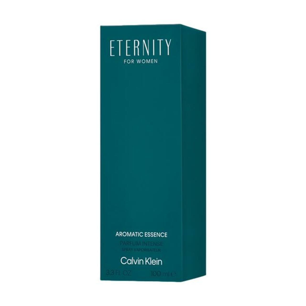 Türkisfarbene Schachtel. Aufschrift: Eternity for Women, Aromatic Essence, Calvin Klein. 100ml.