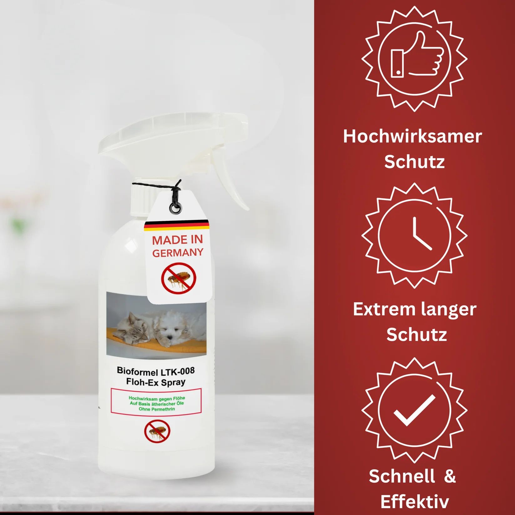 Weiße Sprühflasche mit Etikett, Produktname und Logos. Text: Hochwirksamer Schutz, Extrem langer Schutz, Schnell & Effektiv.