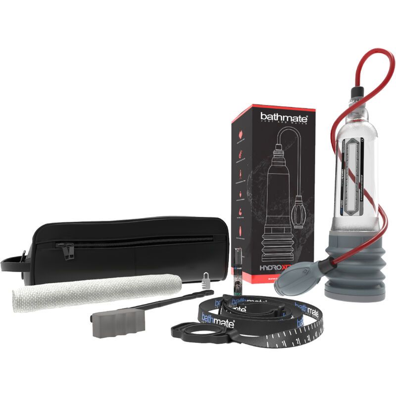 Schwarze Tasche, Zubehör, graues Gerät mit rotem Schlauch und Pumpe, schwarze Verpackung.