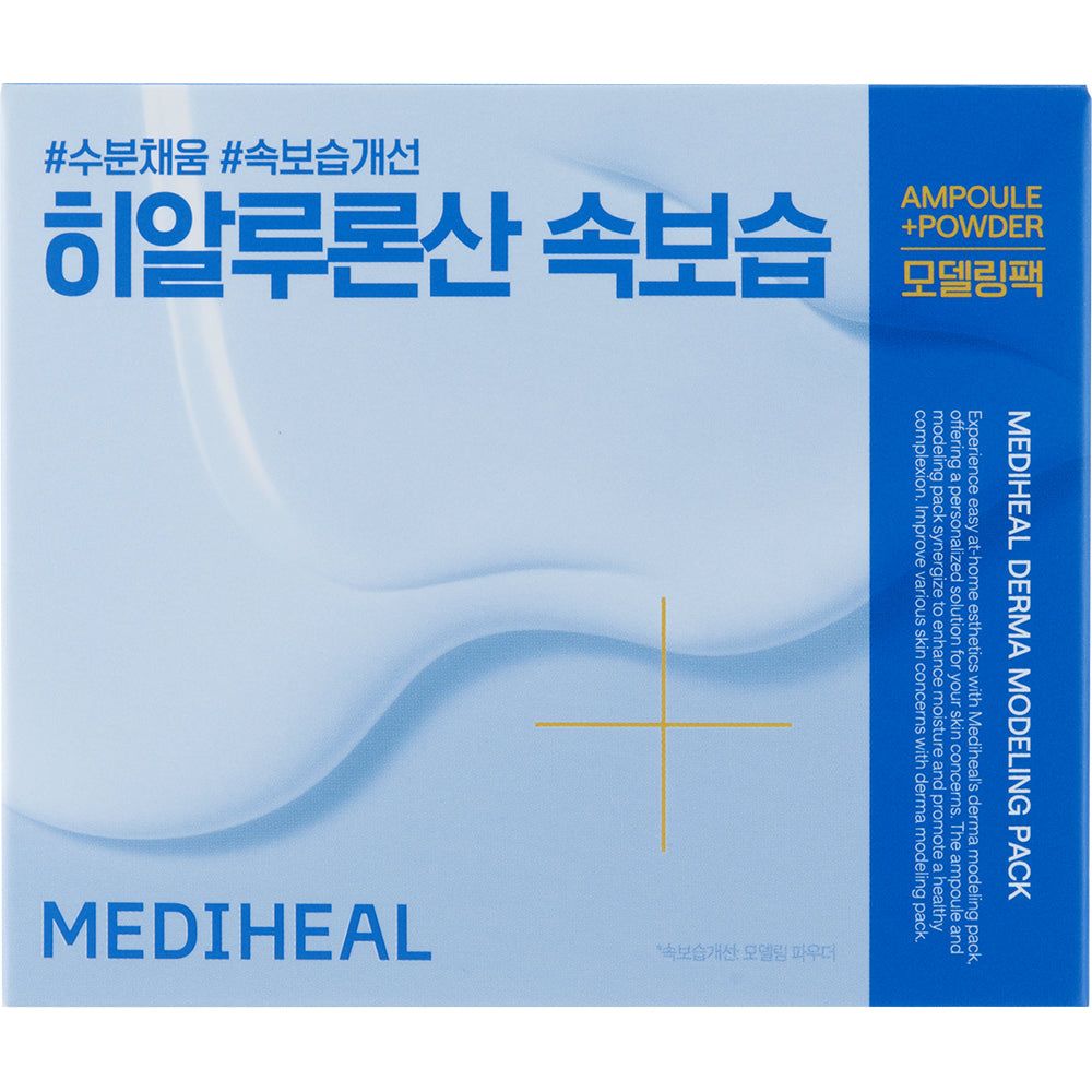 Blaue Verpackung mit MEDIHEAL-Logo und koreanischem Text. Text: Derma Modeling Pack.