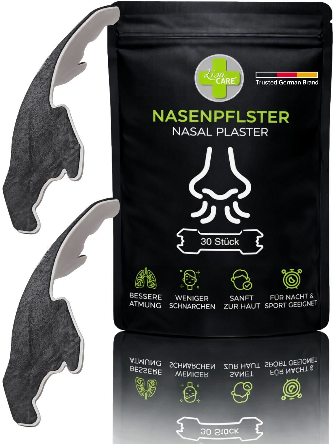 Zwei schwarze Nasenpflaster liegen neben einer schwarzen Verpackung mit der Aufschrift 'LisaCare Nasenpflaster'.