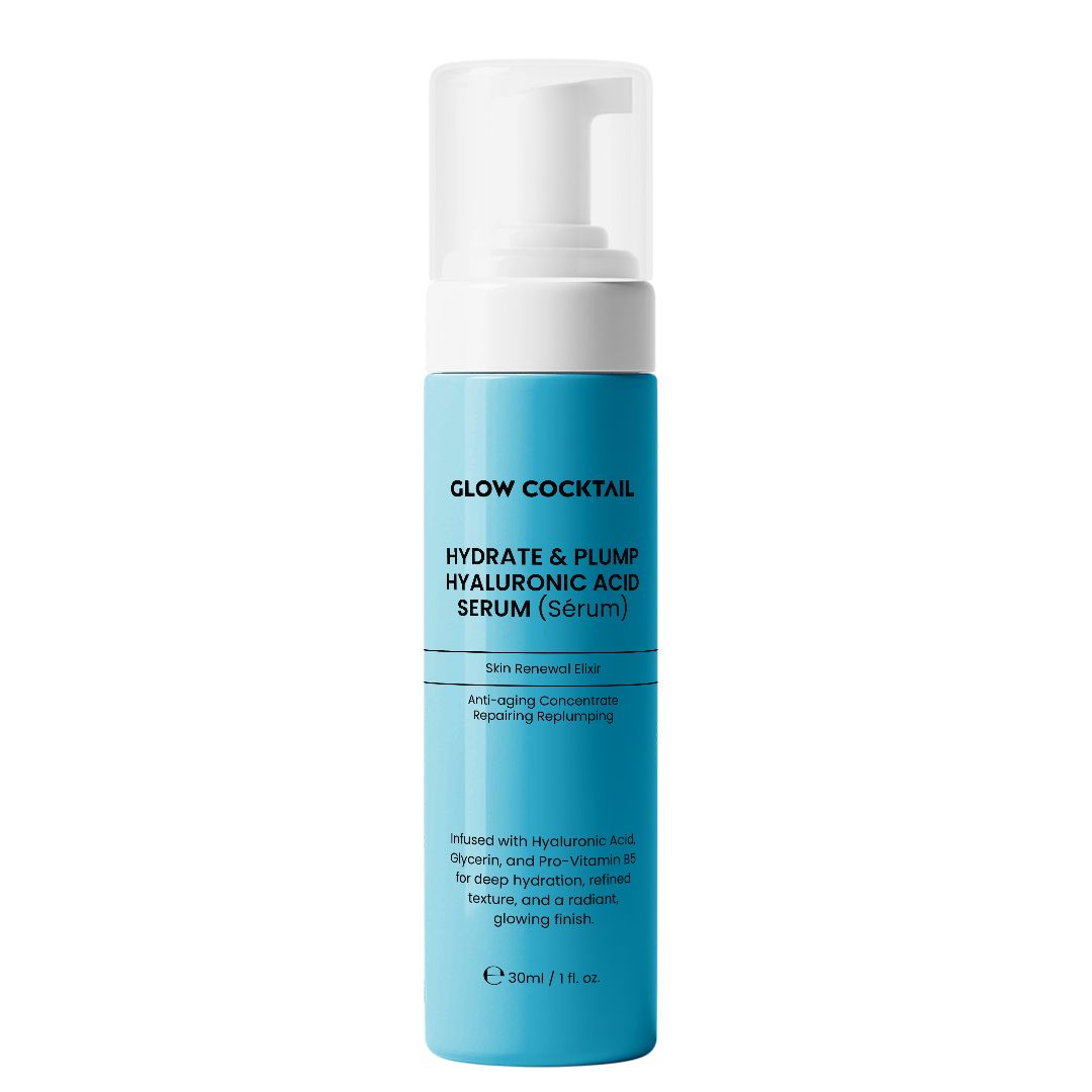 Glow Cocktail Hyaluronserum in hellblauer Flasche mit Pumpspender. 30ml.