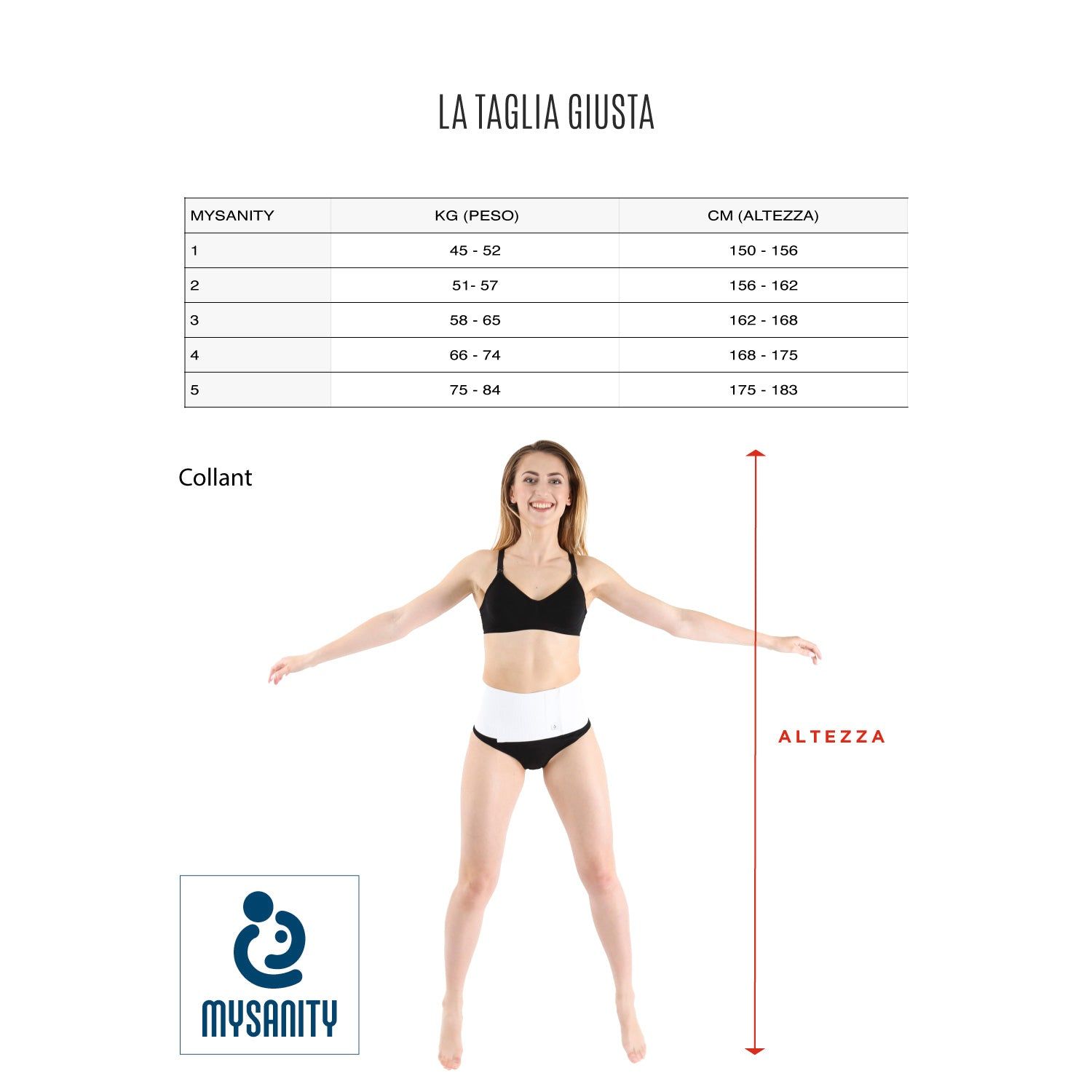 Größentabelle für MYSANITY Strumpfhosen. Frau steht mit Maßband daneben.