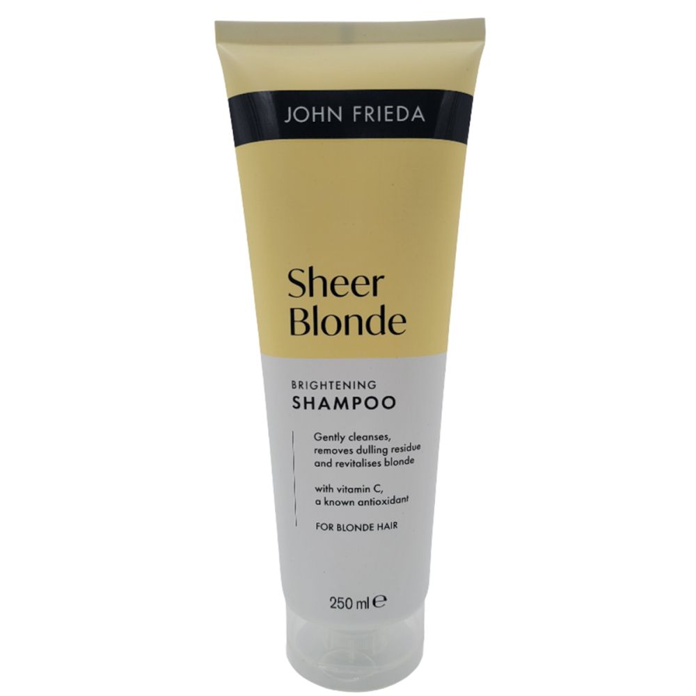 Tube Shampoo. Aufhellendes Shampoo für blondes Haar. Enthält Vitamin C. Marke: John Frieda. Text: Sheer Blonde, Brightening Shampoo.