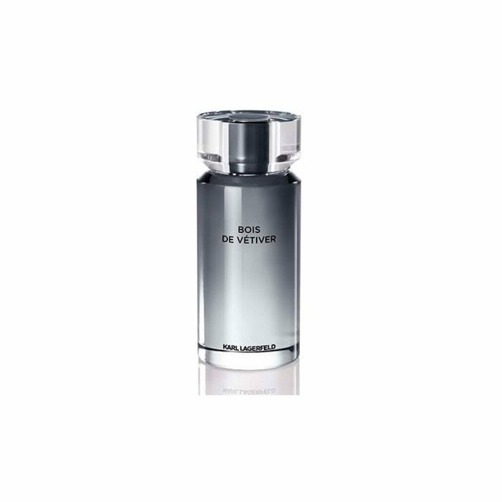 Flakon Karl Lagerfeld Bois de Vétiver. Zylindrischer Flakon mit grauem Farbverlauf. Transparenter Deckel. Logo unten.