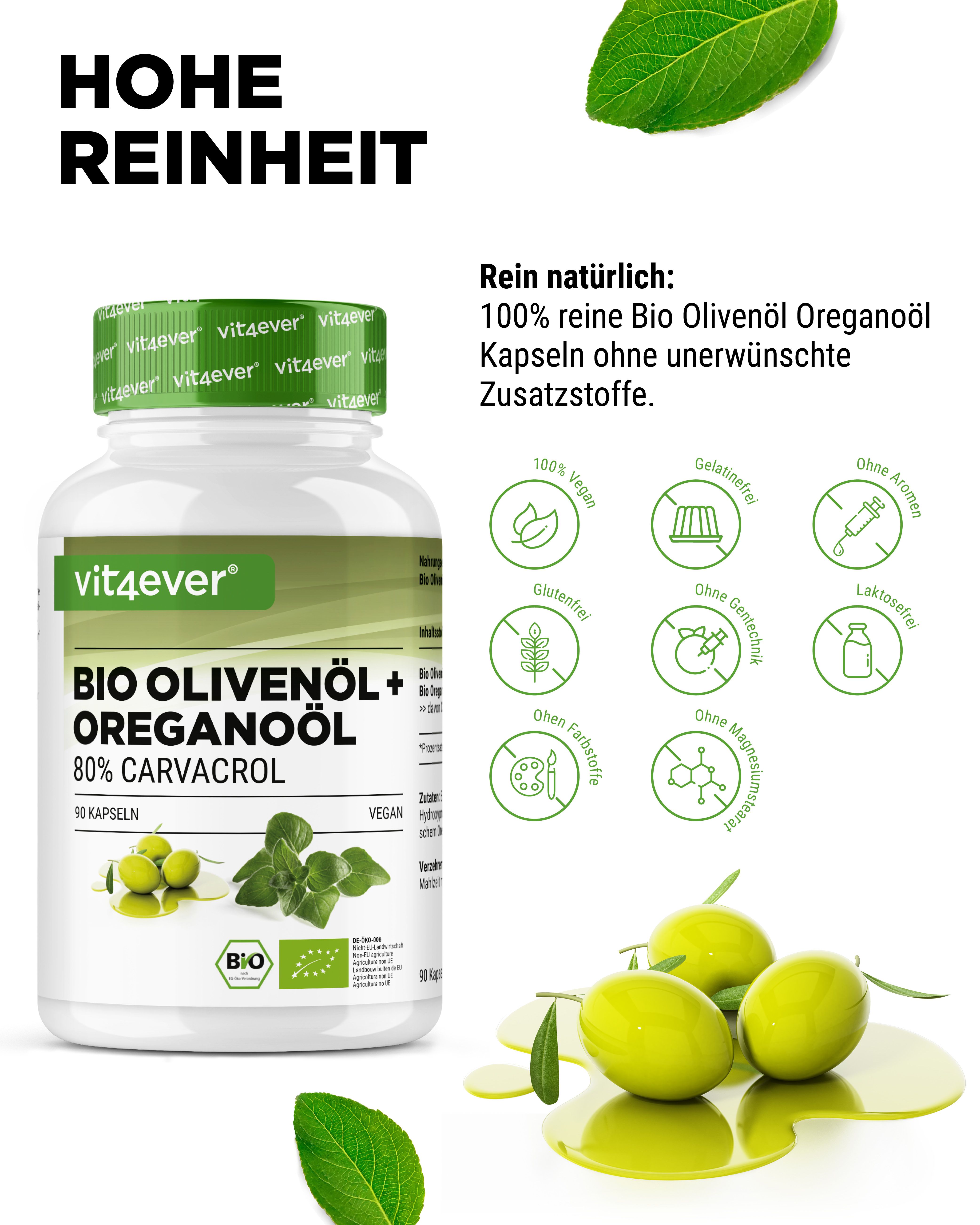 Flasche Bio Olivenöl + Oreganoöl. 80% Carvacrol. 90 Kapseln. Vegan. Symbole: vegan, glutenfrei, ohne Aroma, etc. Text: Hohe Reinheit.