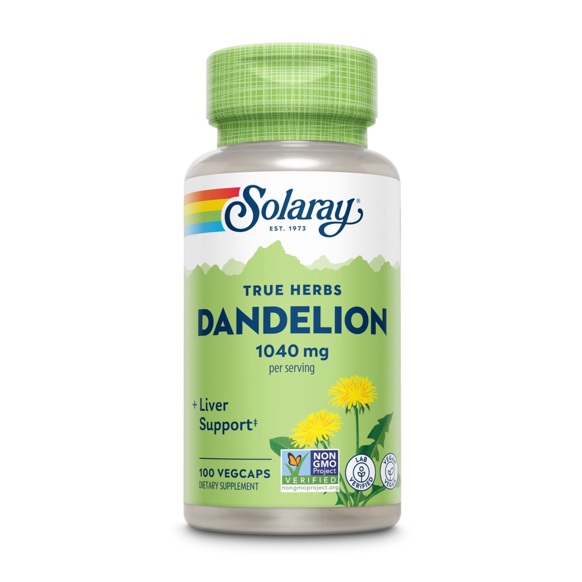 Solaray Dandelion, grüne Kapsel-Flasche. Aufschrift: True Herbs, Dandelion, 1040 mg pro Portion, + Liver Support, 100 Vegcaps. Siegel.