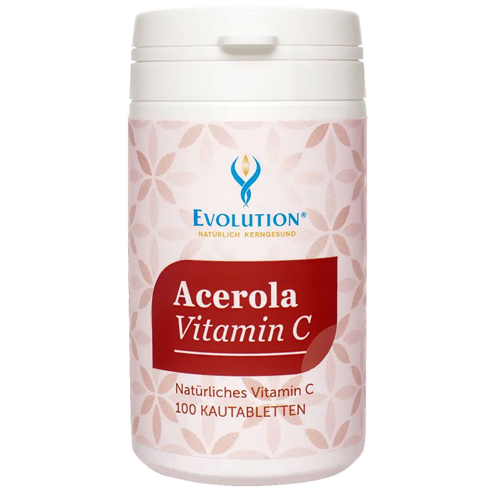 Weiße Dose mit Deckel. Aufschrift: Evolution, Acerola Vitamin C. Roter Hintergrund mit Text. 100 Kautabletten.