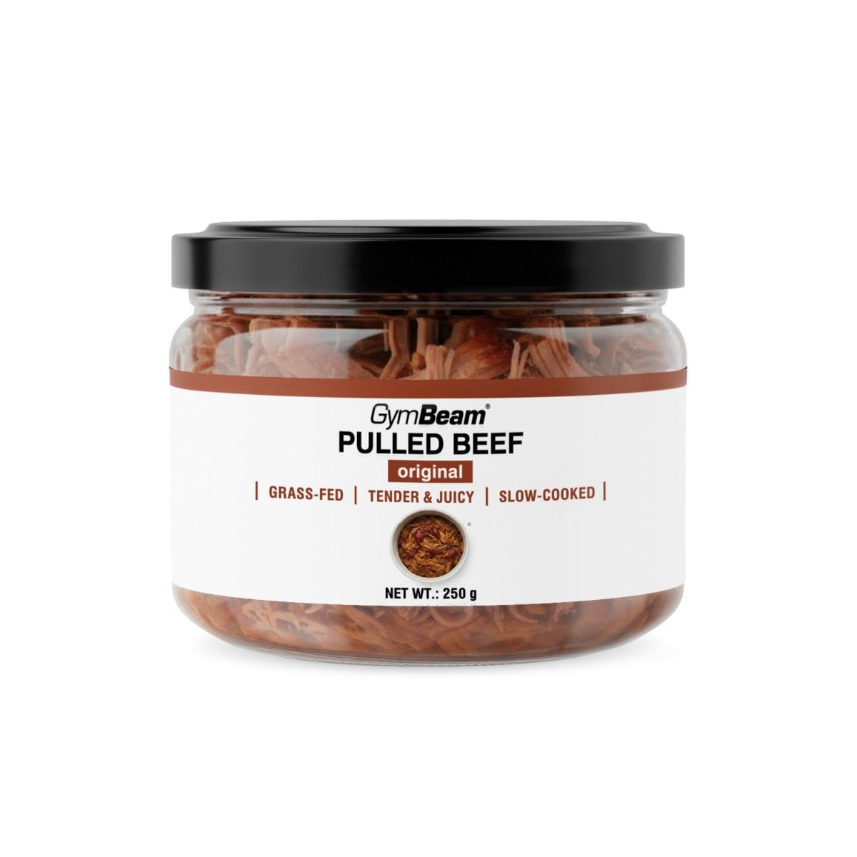 GymBeam Pulled Beef Original im Glas, 250g Netto. Grasgefüttert, zart und saftig, langsam gegart.
