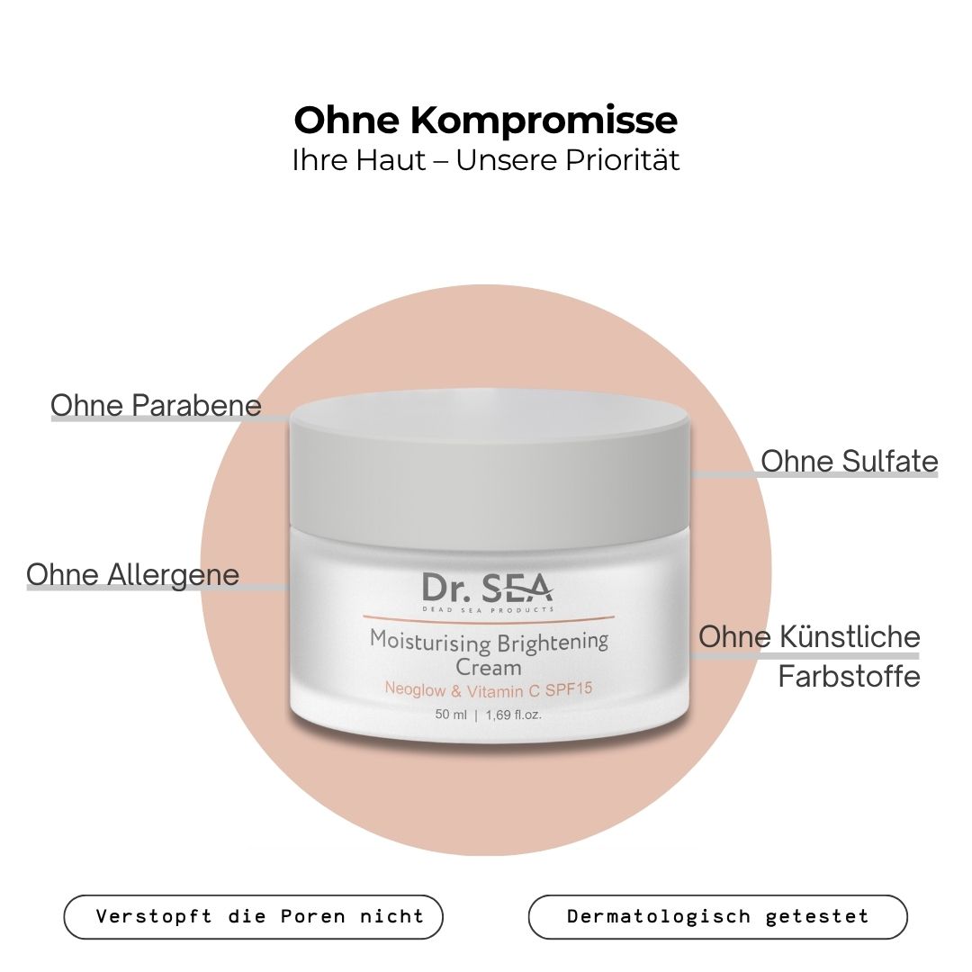 Creme-Tiegel. Text: Dr. SEA, Moisturising Brightening Cream, SPF15. 50 ml. Text: Ohne Parabene, Sulfate, Allergene, Farbstoffe.
