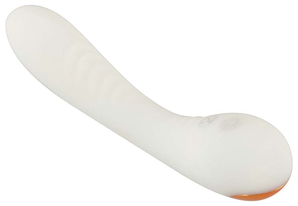 Weißer G-Punkt-Vibrator mit gebogener Form und orangefarbener Spitze.