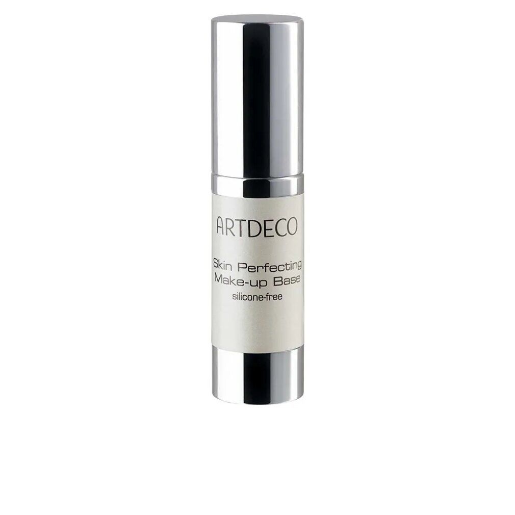 Zylindrische Flasche mit silbernem Deckel. Aufschrift: ARTDECO Skin Perfecting Make-up Base, silikonfrei.