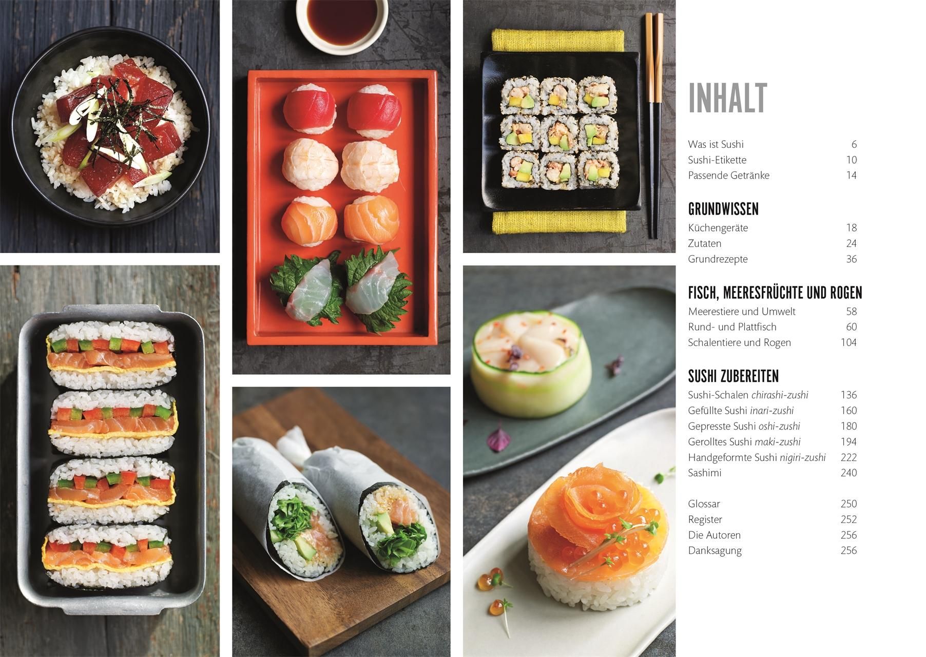 Inhaltsverzeichnis eines Kochbuchs mit Sushi-Rezepten. Verschiedene Sushi-Arten und Zutaten werden gezeigt.