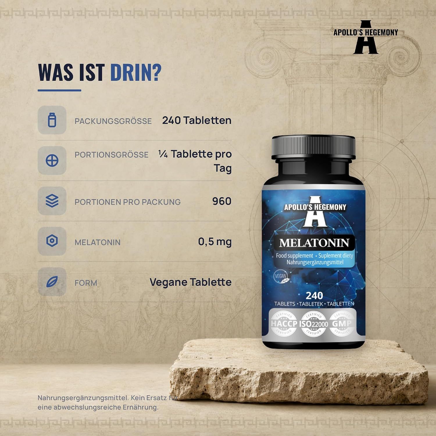 Flasche mit Melatonin-Nahrungsergänzungsmittel, 240 vegane Tabletten, 0,5 mg pro Tablette. HACCP, ISO22000, GMP zertifiziert.