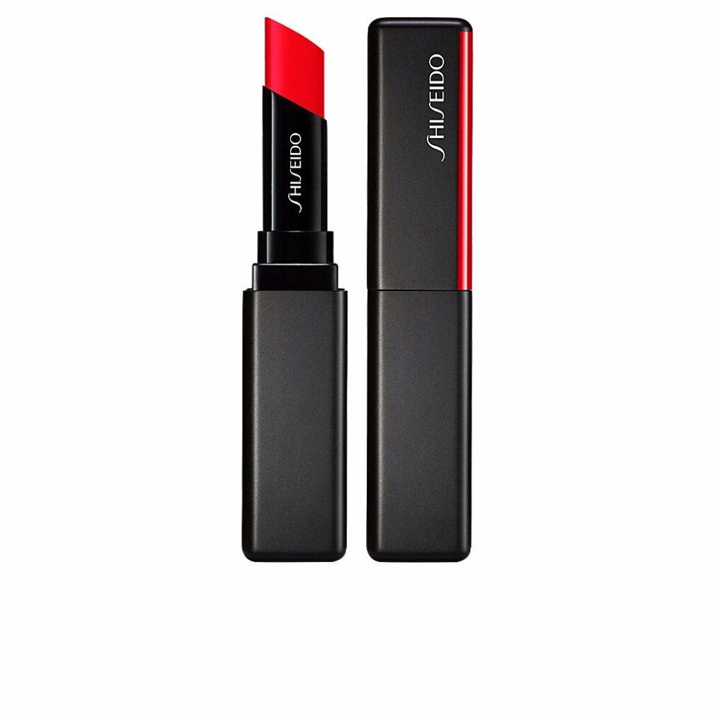 Schwarzer Lippenstift mit roter Spitze. Geöffnet und geschlossen. Marke Shiseido. Roter Streifen am Gehäuse.