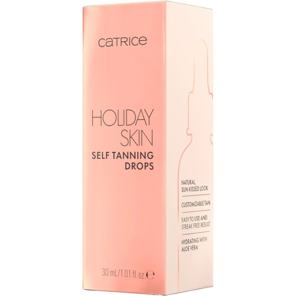 Rosa Verpackung mit Aufschrift: Catrice, Holiday Skin, Self Tanning Drops. 30 ml.