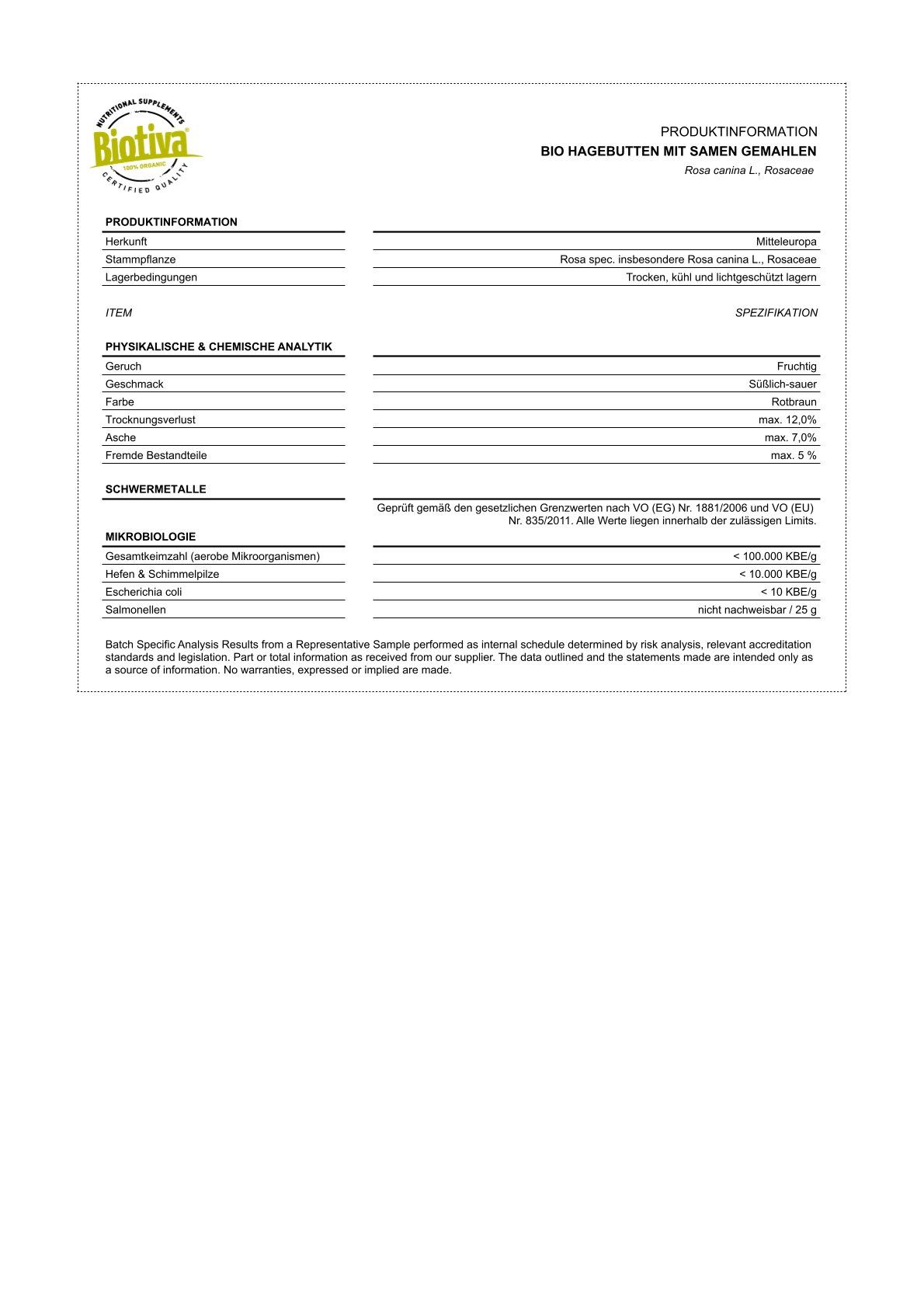 Weißes Dokument mit Produktinformationen. Text: Bio Hagebutten mit Samen gemahlen. Spezifikationen, Inhaltsstoffe, Analyse.