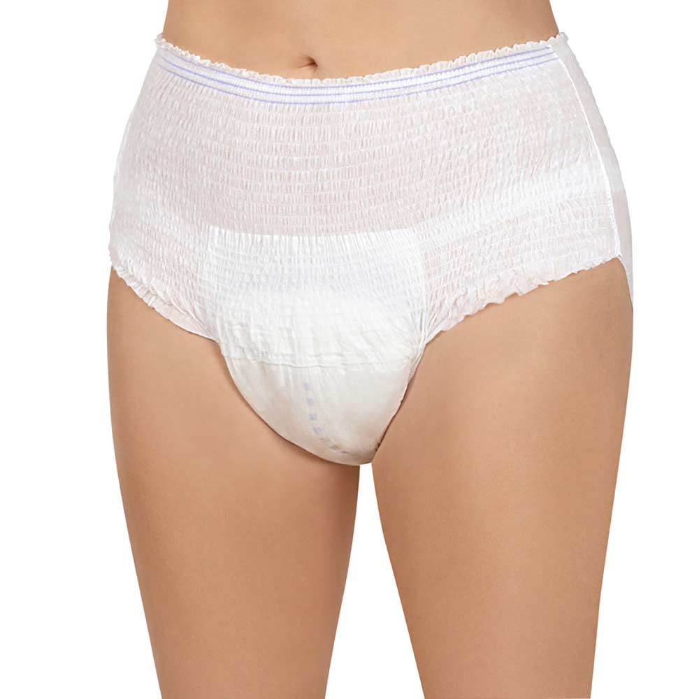 Weiße Inkontinenzhose. Blaue Ziernaht am Bund. Elastischer Beinabschluss. Auf Hüfte getragen.