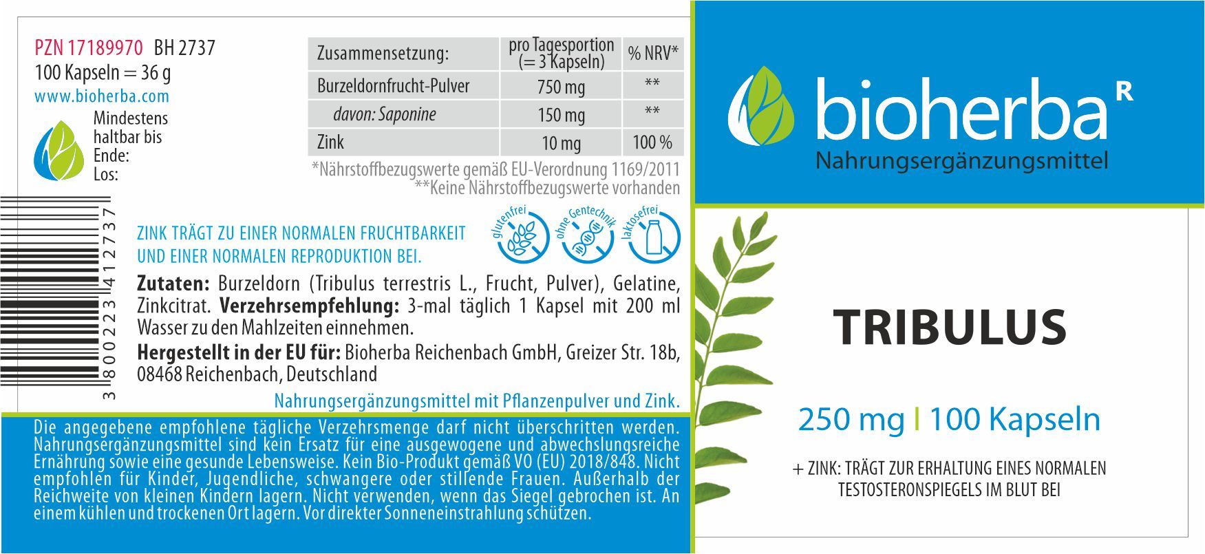 Etikett mit Produktinformationen. Enthält Tribulus Terrestris, Zink. 100 Kapseln. Marke: Bioherba. Nährwertangaben und Inhaltsstoffe.