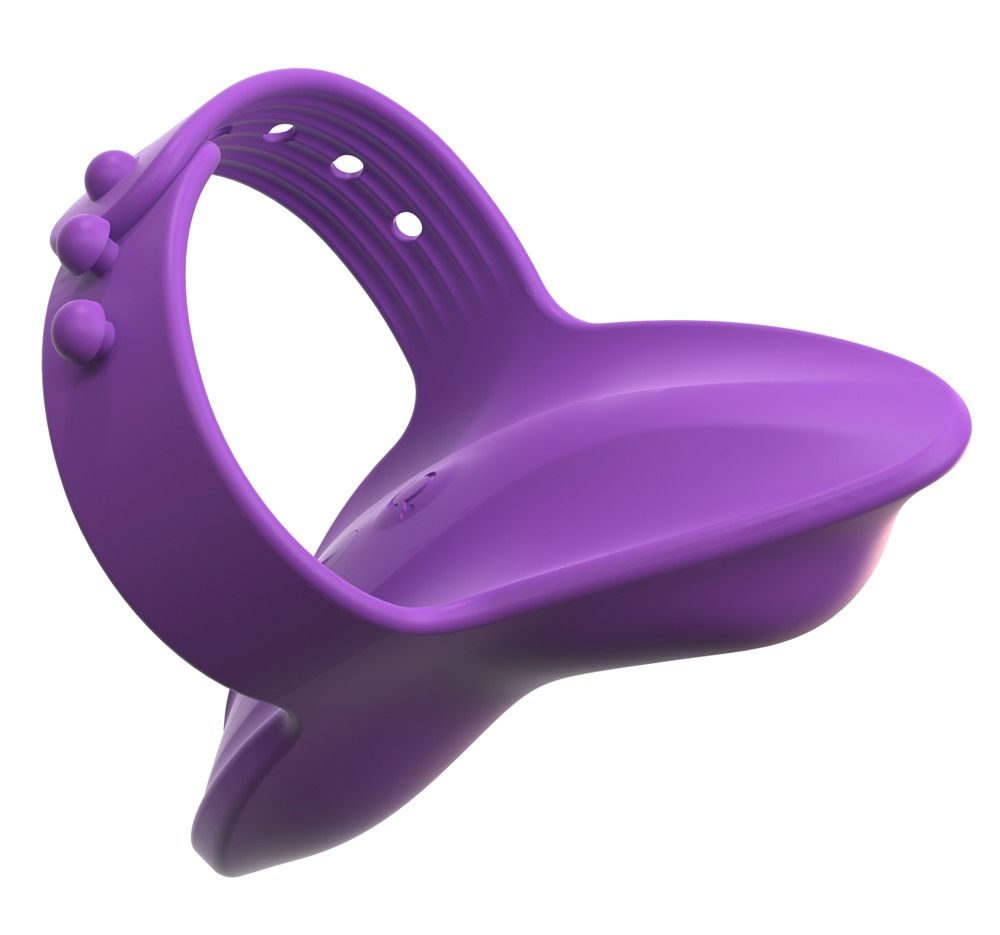 Lila Finger-Vibrator mit Noppen und verstellbarem Band.