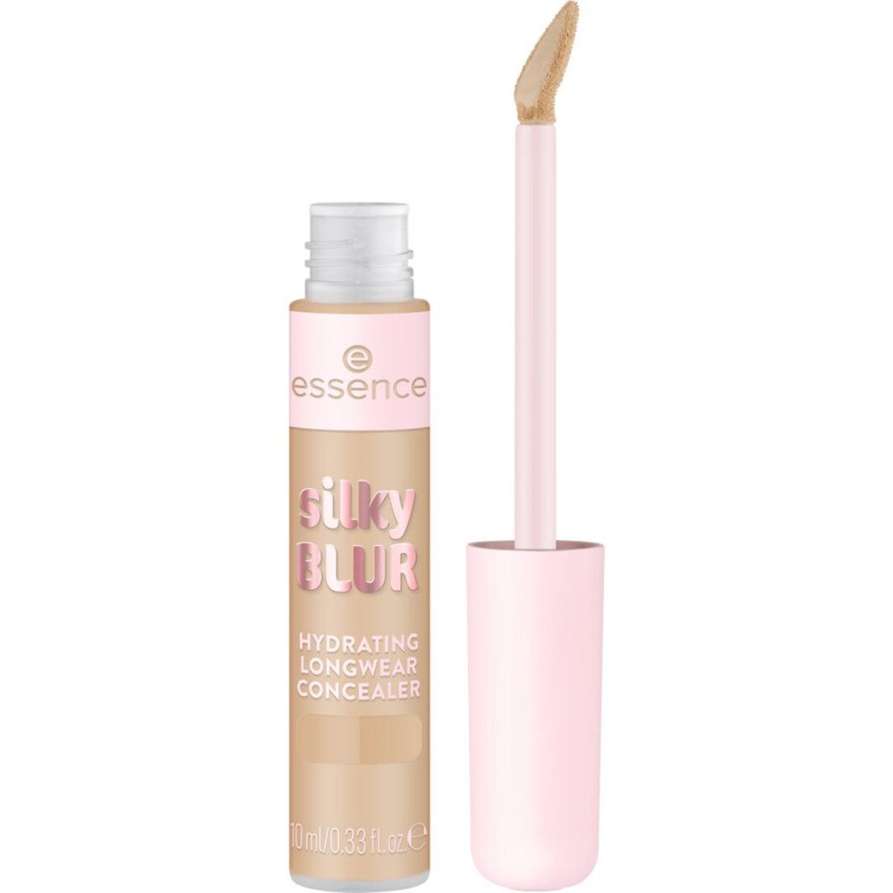 Essence Silky Blur Concealer. Flasche mit Applikator. Helle Flüssigkeit. Rosa und beige Verpackung. Text: Hydrating Longwear Concealer.