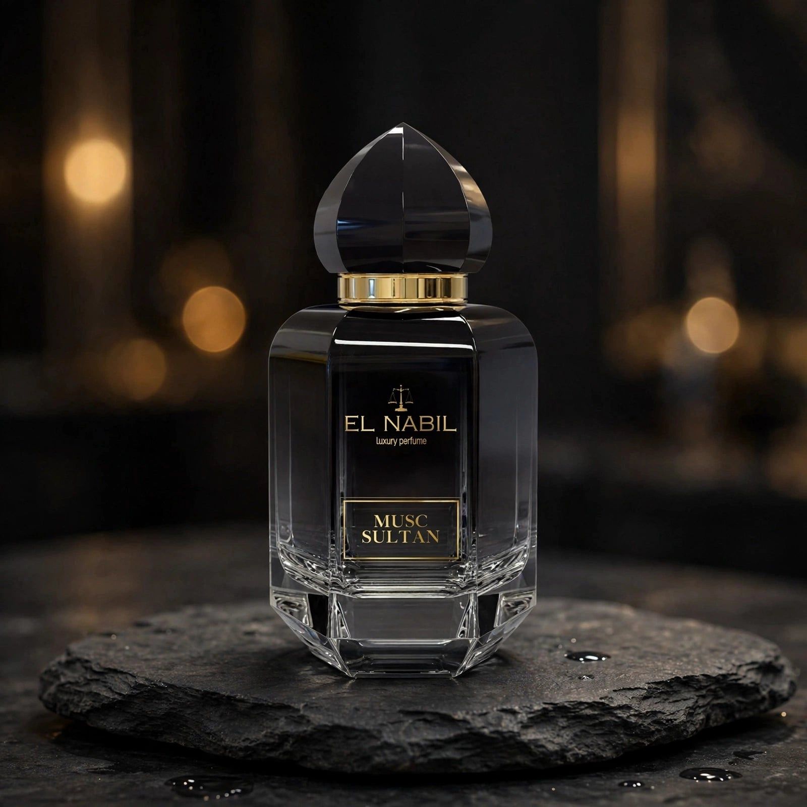 El Nabil Musc Gabrielle Parfumflakon, weiß, mit goldenem Ring und kuppelförmigem Verschluss.
