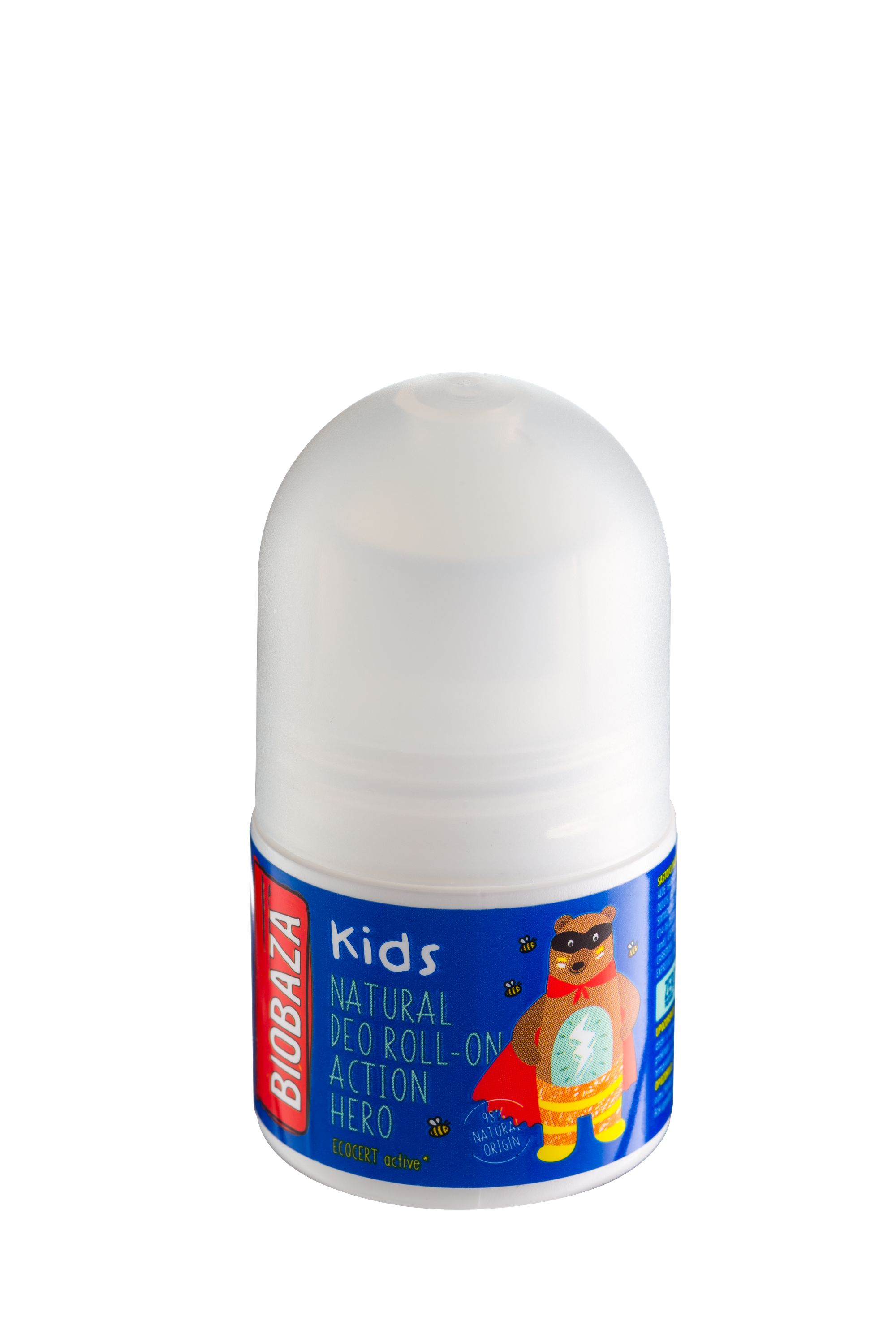 Deo-Roll-on für Kinder. Weißer Behälter mit blauem Etikett. Aufschrift: BIOBAZA Kids, Natural Deo Roll-on Action Hero. Abbildung eines Bären.
