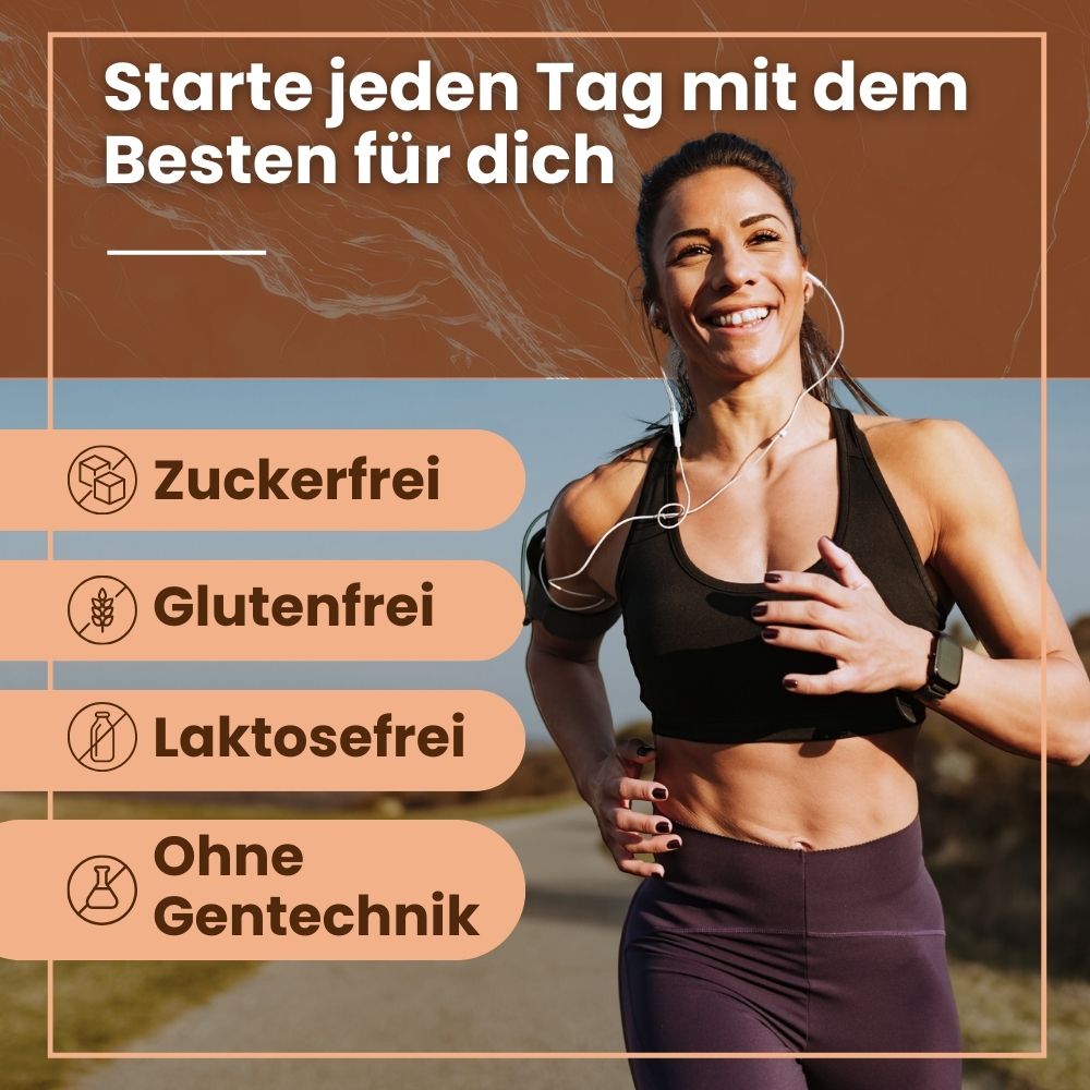 Läuferin. Text: Starte jeden Tag mit dem Besten für dich. Zuckerfrei, Glutenfrei, Laktosefrei, Ohne Gentechnik.