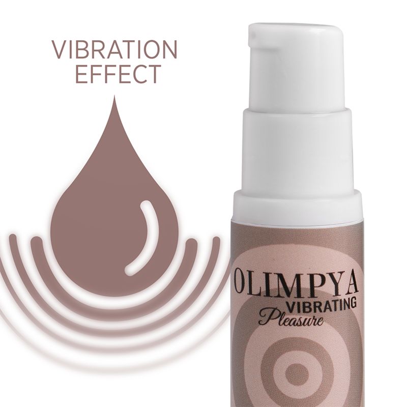Nahaufnahme einer Flasche mit Aufschrift: Olimpya Vibrating Pleasure. Text: Feel the power of the Gods. Tropfensymbol mit Text: Vibration Effect.