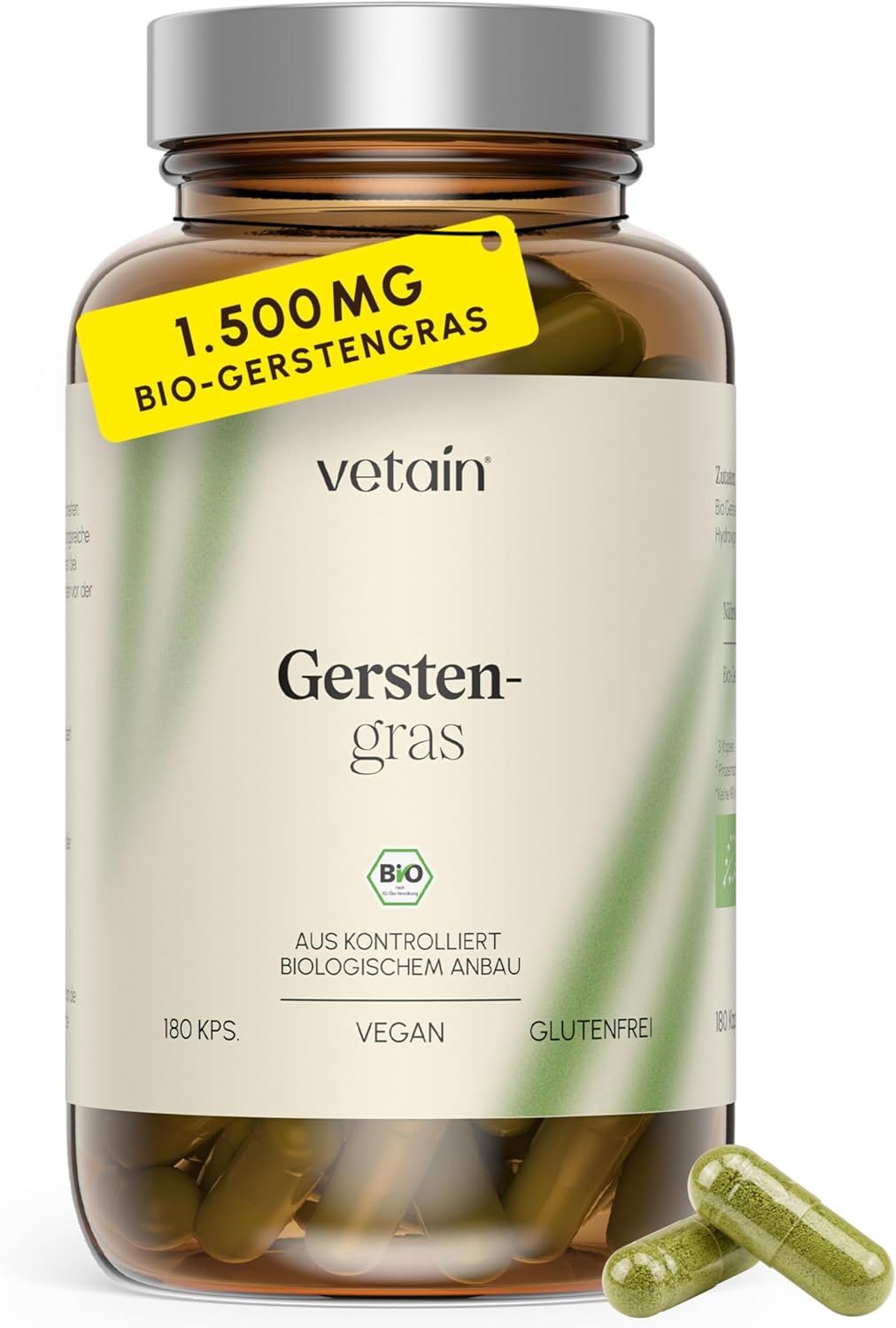 VETAIN Bio Gerstengras Kapseln: Braunglasflasche mit gelbem Aufkleber '1.500mg Bio-Gerstengras'.
