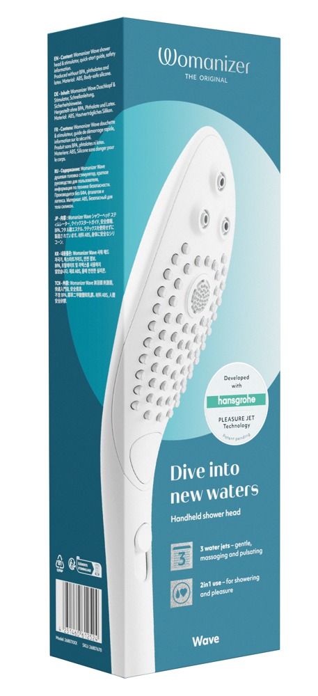 Produktverpackung. Weißer Duschkopf, Text: Womanizer, Wave, 3 Wasserstrahlen.
